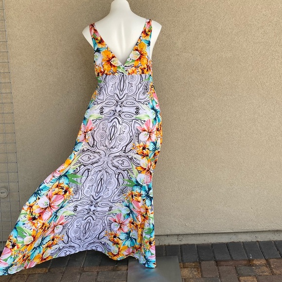 Sin Floral Print Long V-Neck Dress Cover-Up Caftan - Picture 3 of 5